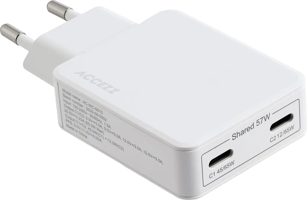 Adaptateur Secteur USB-C 65W GaN Blanc - Chargeur Mural Double Port PD