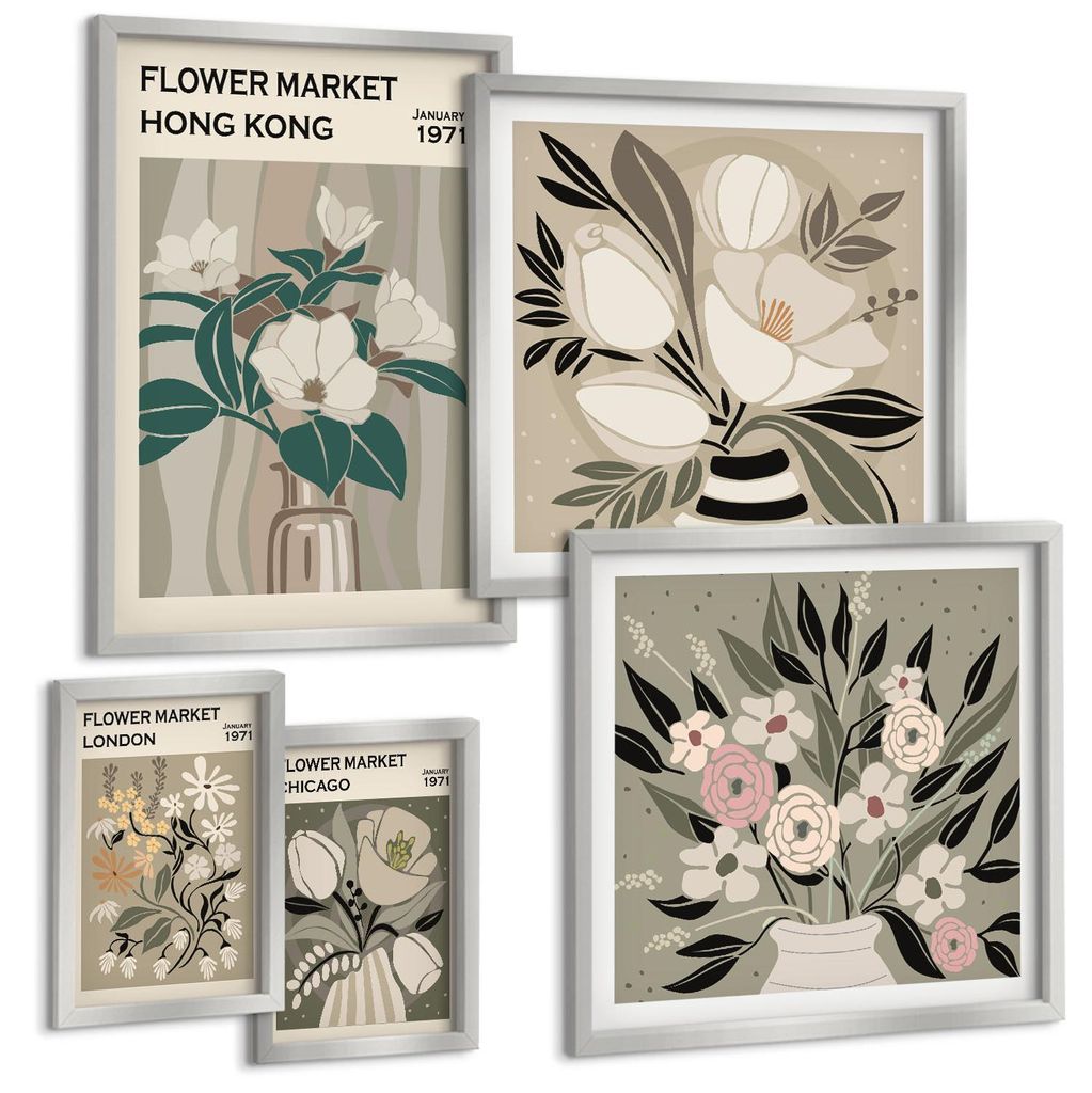 Bilder Set 5-teilig im silbergerahmten Rahmen – Wandbilder 5 Stück – gerahmte Poster für Wohnzimmer, Schlafzimmer und Flur – 50x50 cm - 40x...