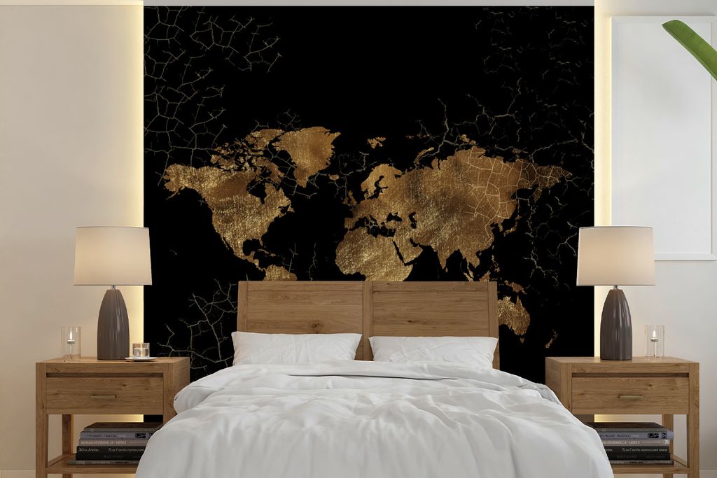 MuchoWow Fototapete für Wohnzimmer oder Schlafzimmer Wandtapete Vinyl Motivtapete Weltkarte - Linie - Braun - 240x240 cm - Schlafzimmer-Tapete