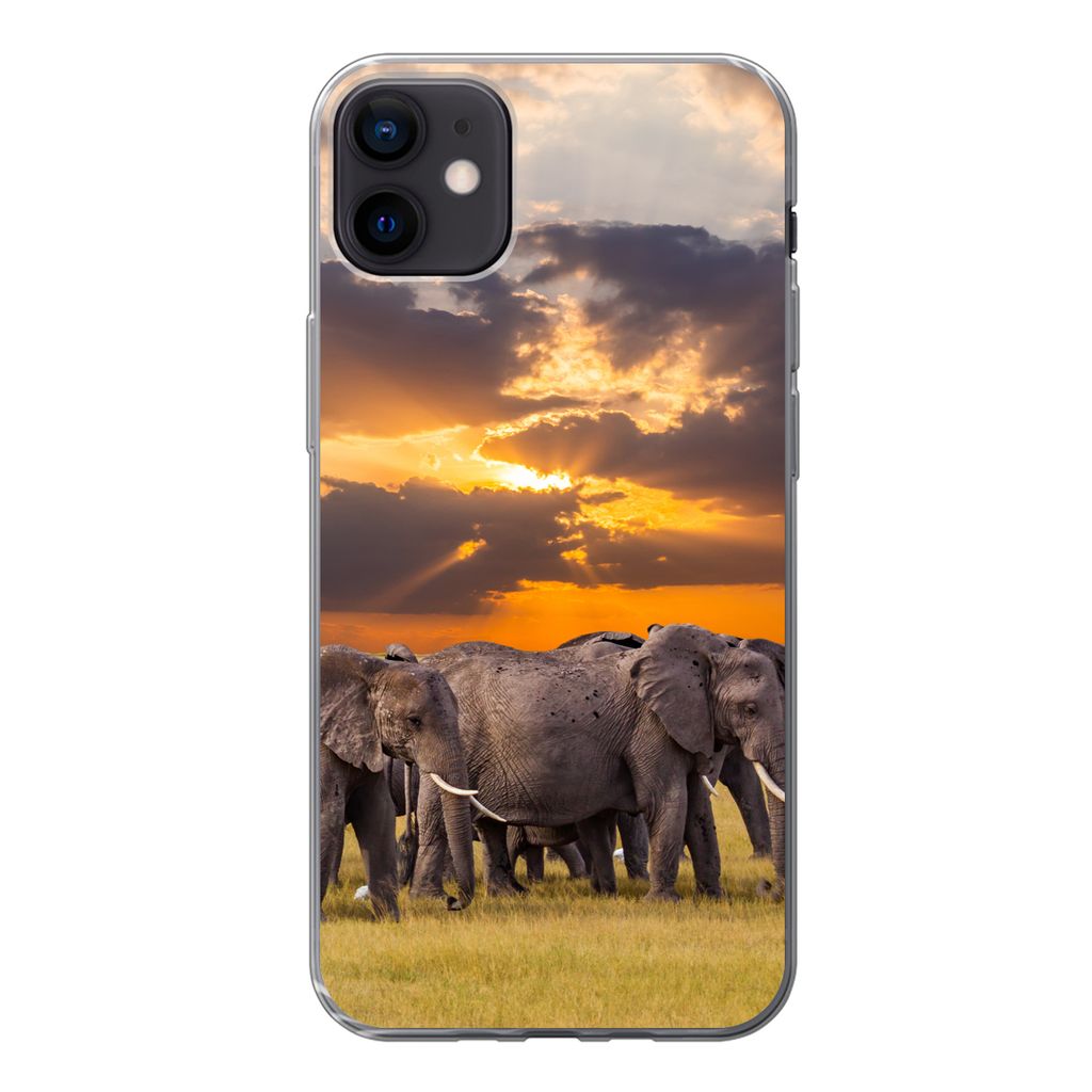 MuchoWow Handyhülle Schutzhülle Hülle für iPhone 12 mini Elefant - Tiere - Gras - Sonnenuntergang - Natur Silikon Softcase Handy Hülle - Bild