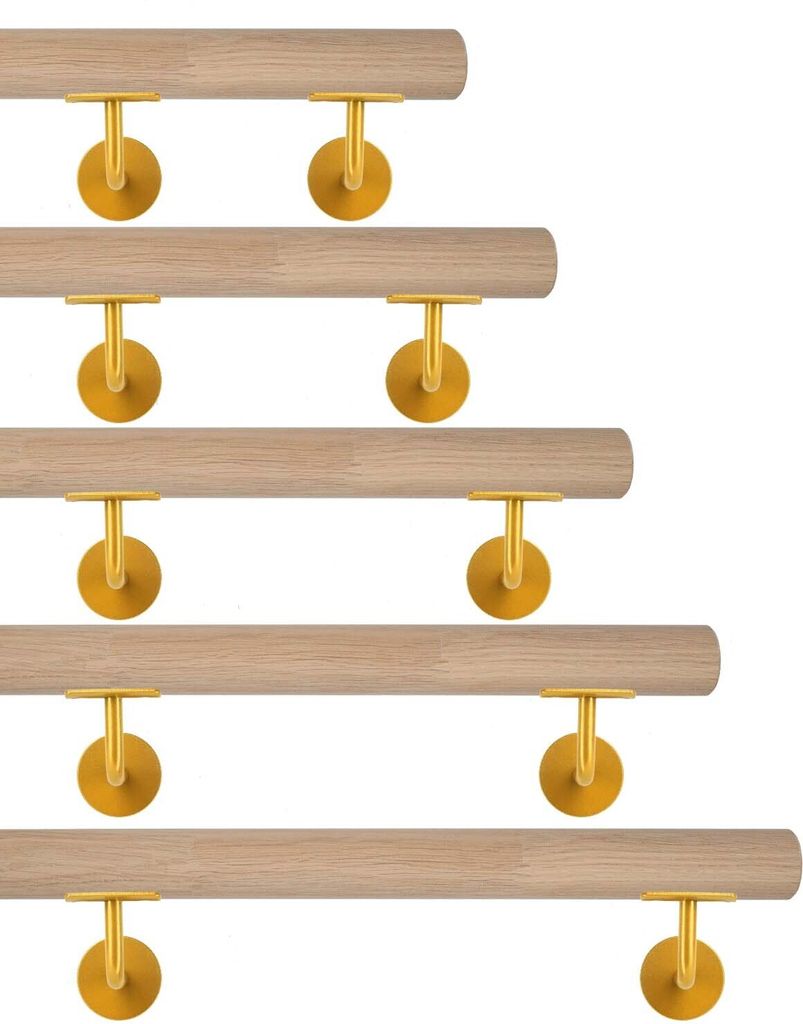 TIBU Eiche Holz Handlauf keilgezinkt unbehandelt Geländer 0,3m - 6m, Länge 120 cm und 2 Edelstahl Halter Messing Gold