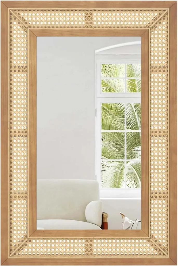 Miroir mural rectangulaire rotin jaune 90x60 cm pour salon et chambre
