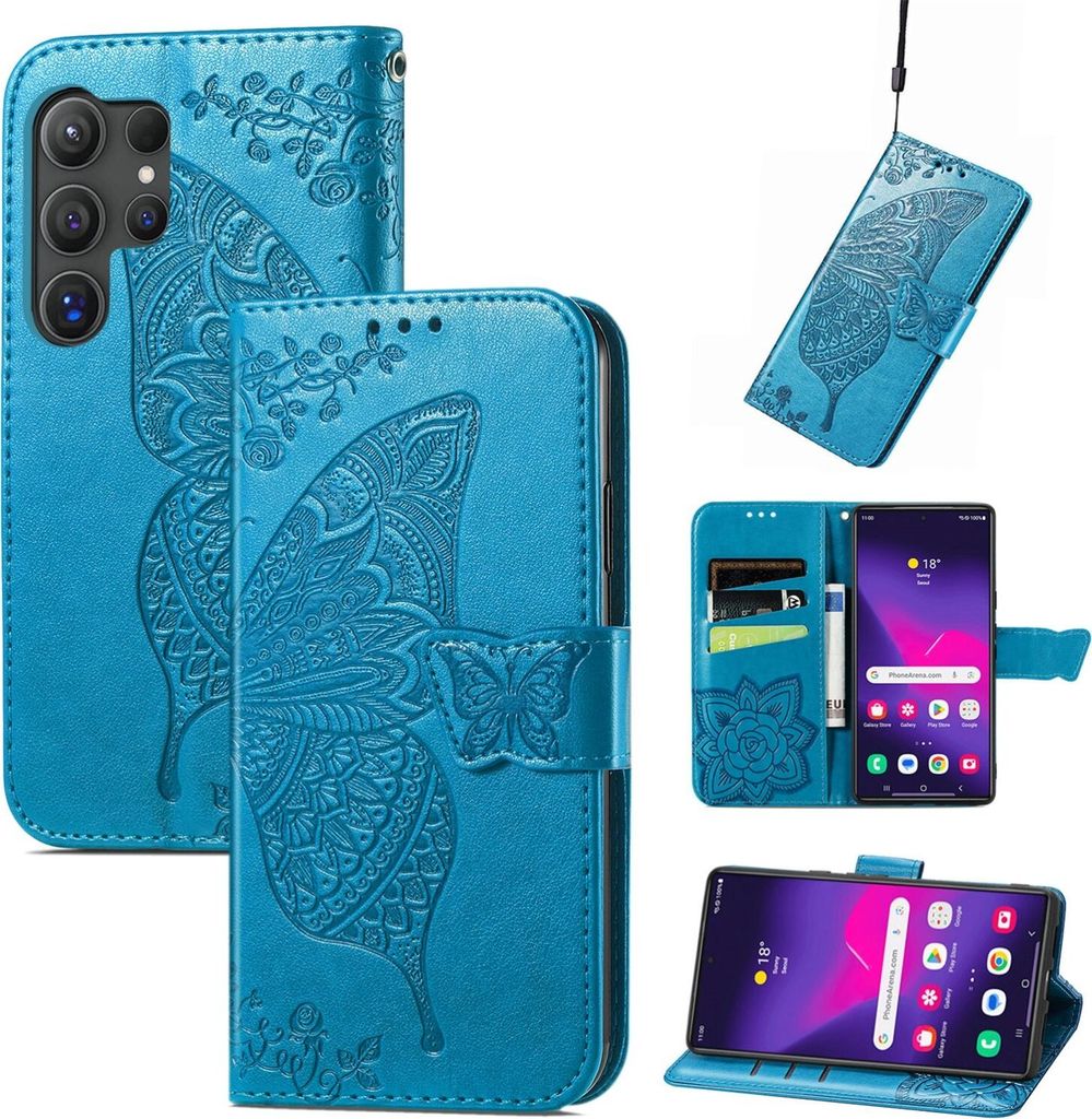 Für Samsung Galaxy S25 Ultra 5G Kunstleder Wallet Handy Tasche Schmetterling Design Hülle Etuis Blau
