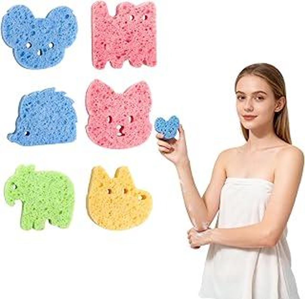 6 Stück Baby Badeschwamm Tiere Cartoon Formen Badeschwamm Süß Badewannenspielzeug BabygeschenkNaturschwamm Babyspielzeug für Baby und Kinder Bl...