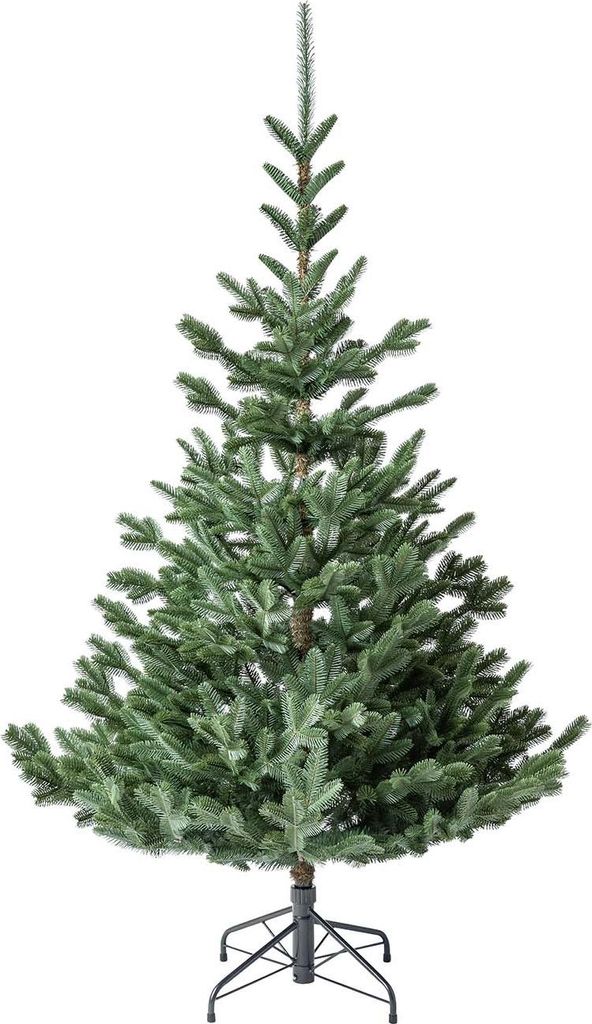 A full shot of an artificial Christmas tree on a white background.