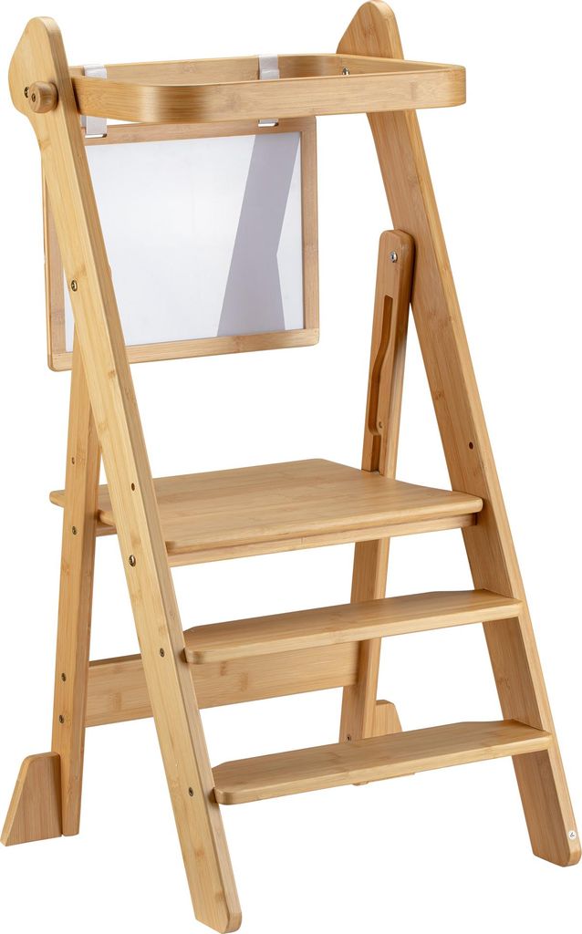 Wiltec Kinderstuhl Lernturm klappbar 43 x 48 x 91 cm aus Bambus, höhenverstellbarer Lernstuhl für Kinder, Stehturm mit Schutzgeländer