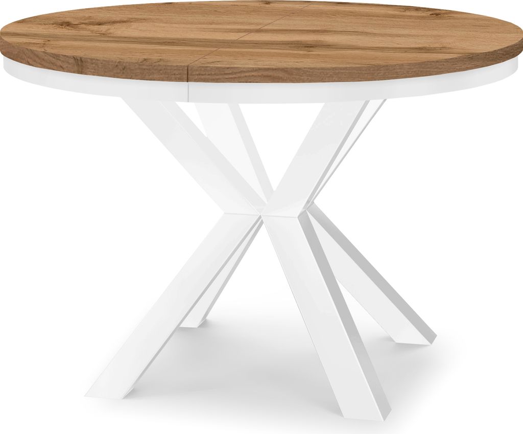 Runder Ausziehbarer Tisch für Esszimmer RAL mit Ring-Gestell, Loft-Stil, Industriel, Durchmesser: 100 / 200 cm, Farbe: Eiche Wotan / Weiß