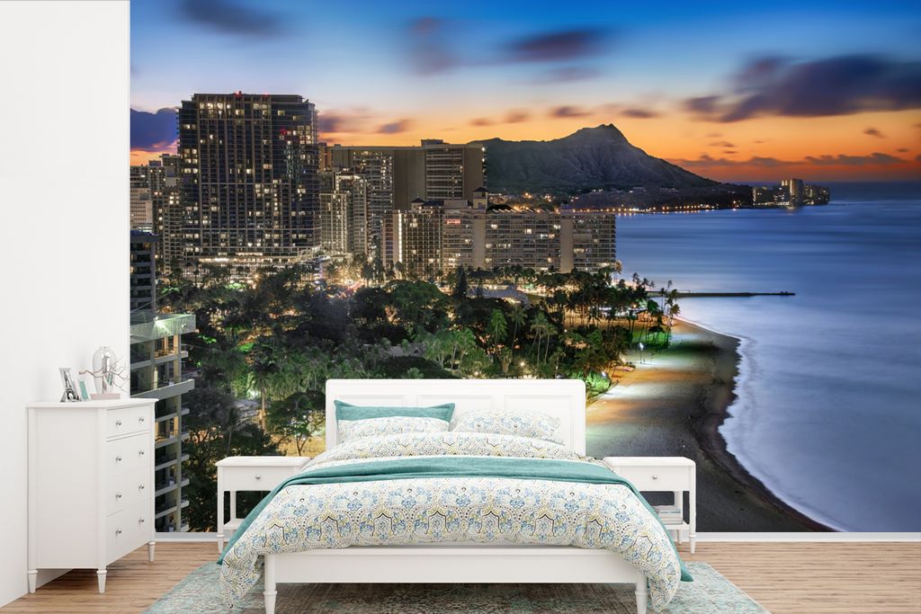 MuchoWow Fototapete für Wohnzimmer oder Schlafzimmer Wandtapete Vinyl Motivtapete Die Sonne geht hinter dem Diamond Head Krater auf Hawaii auf -...
