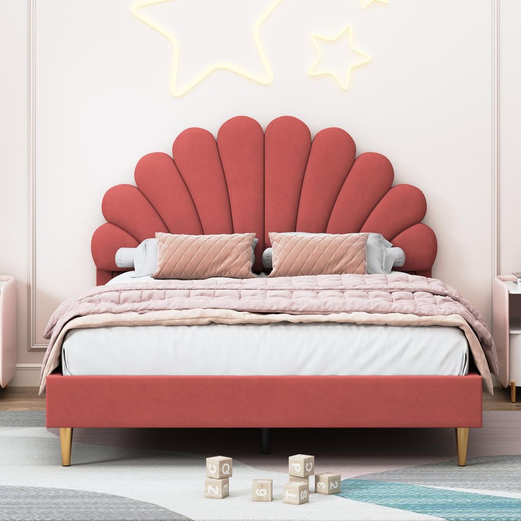 Gepolstertes Doppelbett 140 x 200 cm mit Lattenrost, Samt, Rot