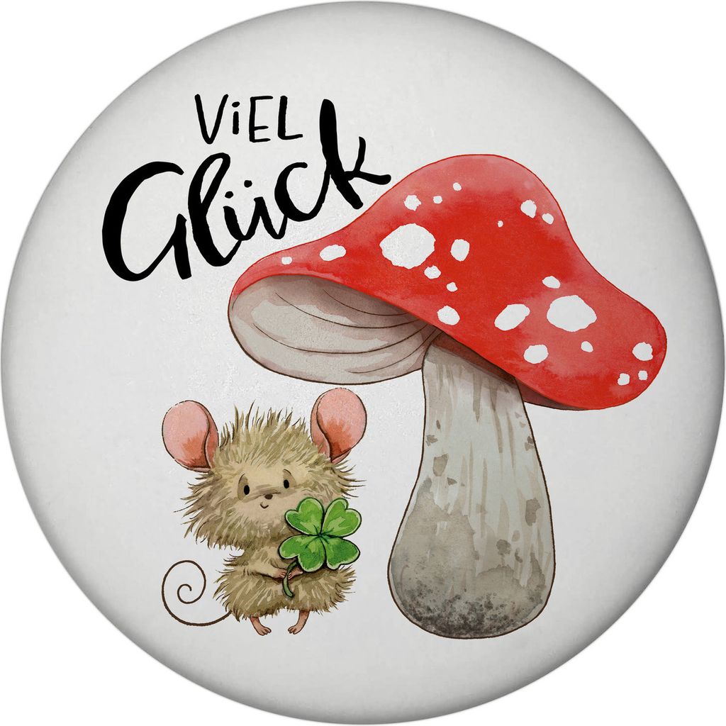 Maus mit Fliegenpilz Magnet rund mit Spruch Viel Glück Produktbild 