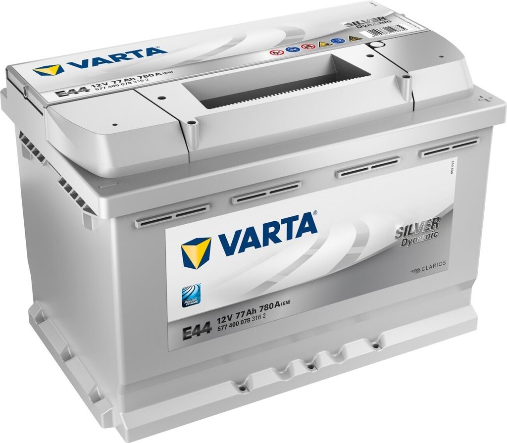 A VARTA E44 Silver Dynamic Starterbatterie is shown in a studio setting against a white background.