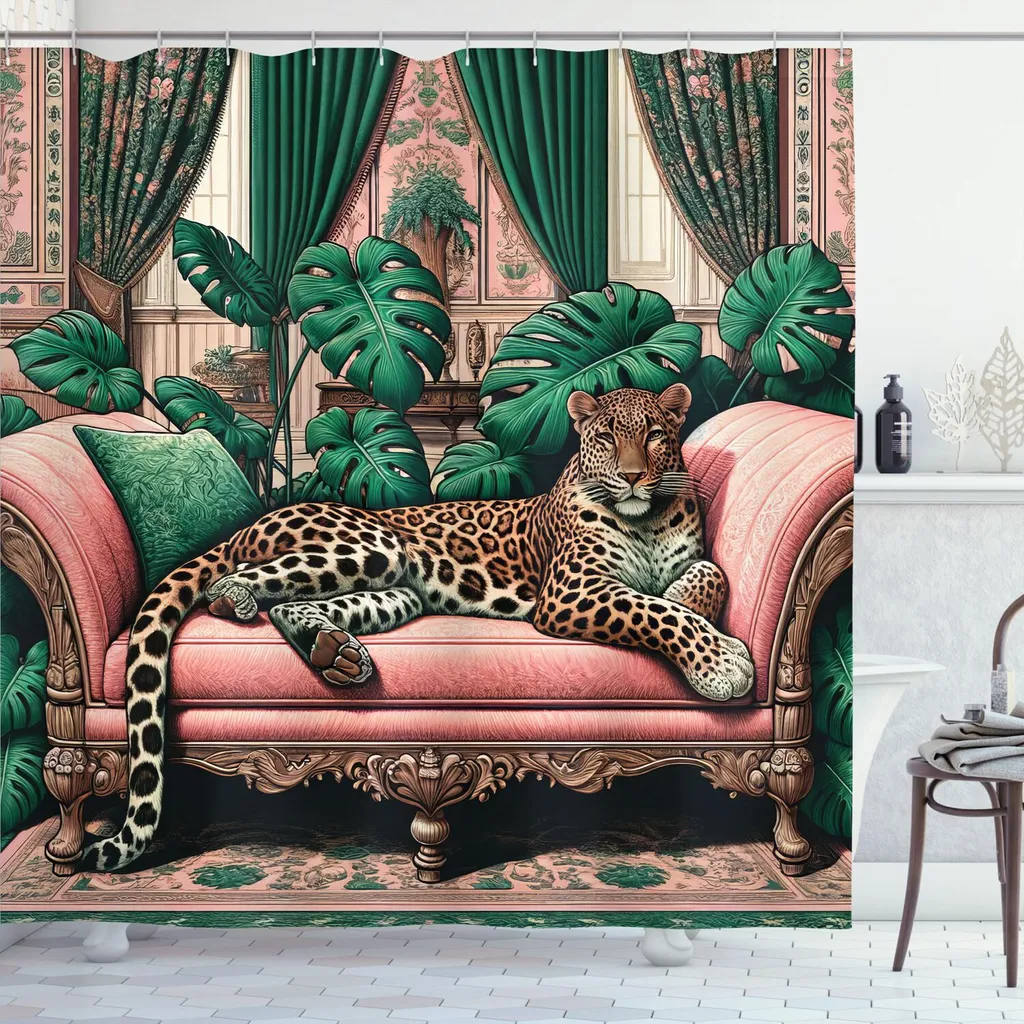 Tenda Doccia Leopard Boho ABAKUHAUS 175x200cm Rosa e Verde Giada - 1