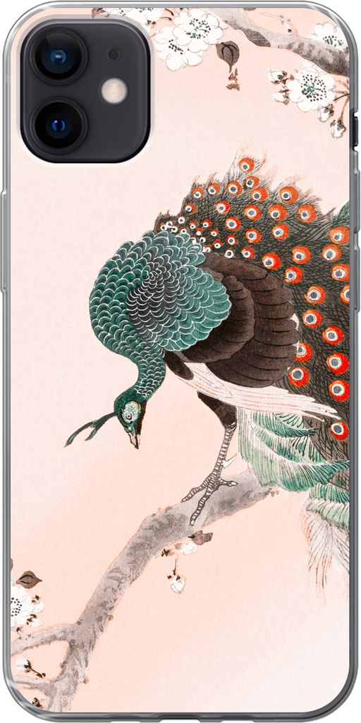 MuchoWow Handyhülle Schutzhülle Hülle für Telefoonhoesje iPhone 12 mini Blüte - Pfau - Federn - Japandi Silikon Softcase Handy Hülle - Bild