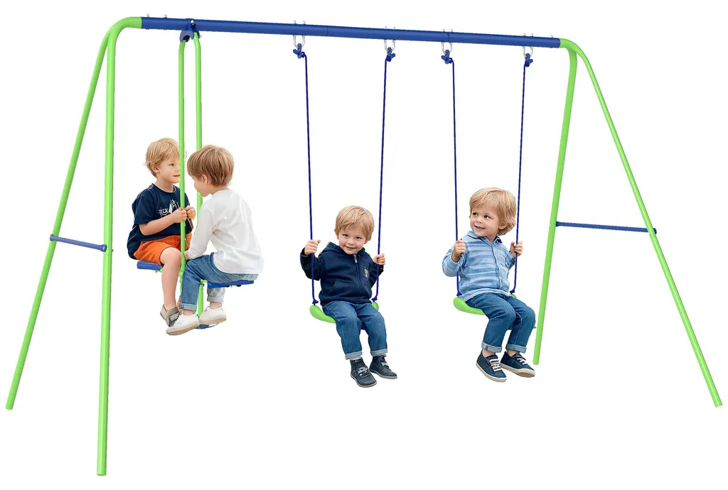 Balançoire enfant extérieur 3 en 1 avec portique en métal vert