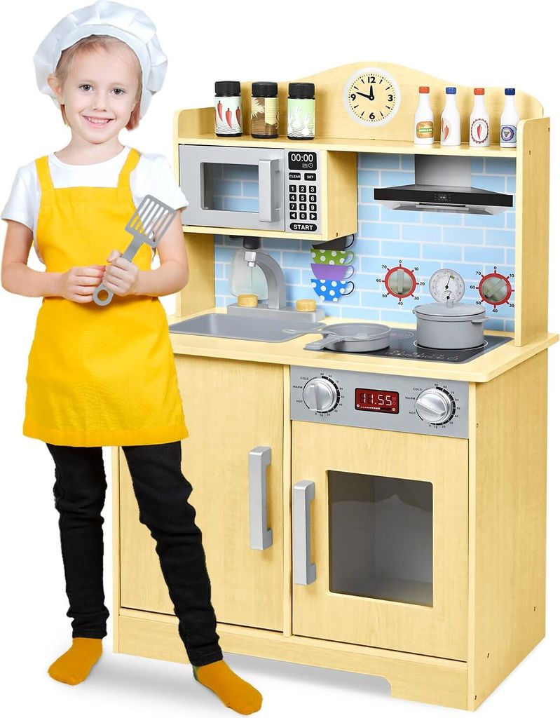 Kinderküche Holz Spielküche 56x28,5x92cm Puppenküche Set PLAYMOBIL Kinder Küche mit Zubehör wie Mikrowelle, Backofen, Spüle, Kochgeschirr und...