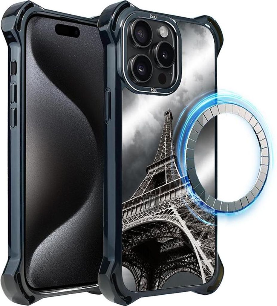 Schutzhülle für das iPhone 15 Pro, MagSafe-kompatibel, verstärkte Ecken, schwarz, Der Eiffelturm