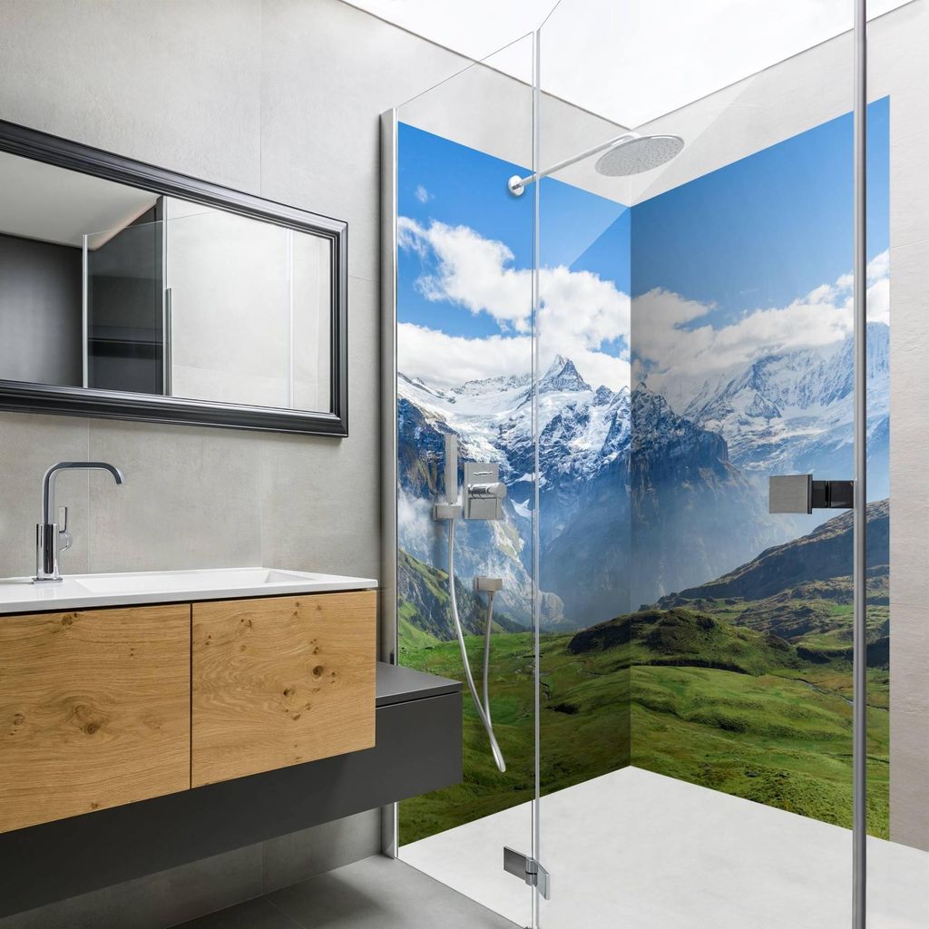 Duschrückwand Natur selbstklebend - 0.35 mm Wandpaneel wasserfest Schweiz grün Motiv Badrückwand fugenlos Smart matt 110x200 cm