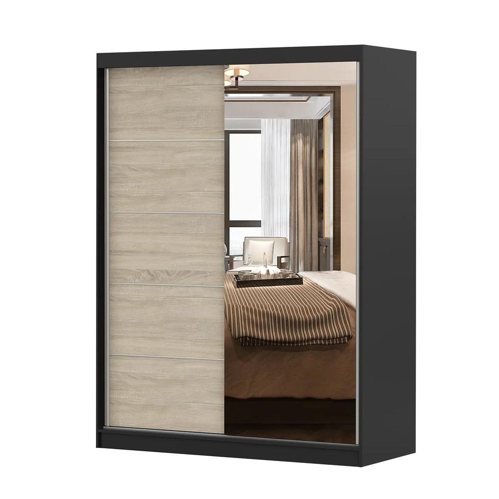 Schwebetürenschrank Kleiderschrank 150 cm Schwarz/Sonoma Produktbild 