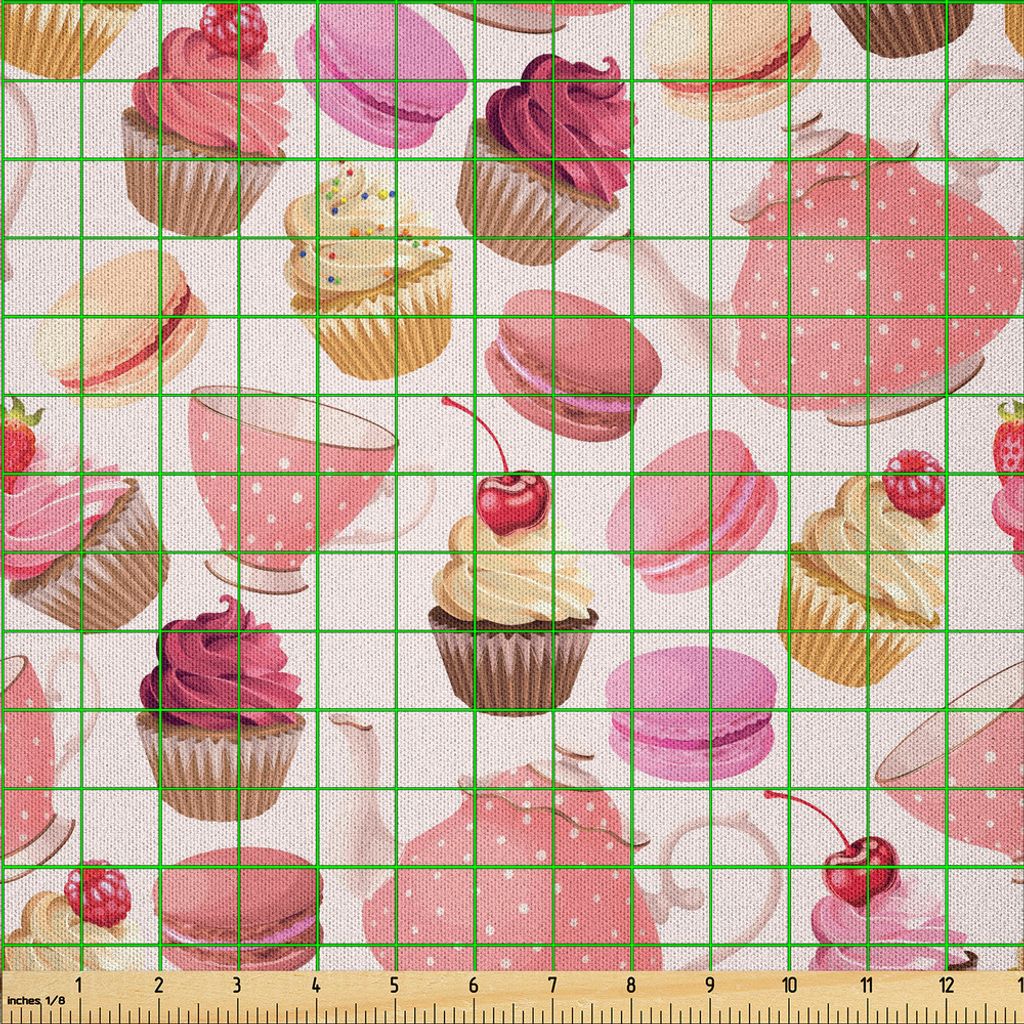 ABAKUHAUS Dessert Microfaser Stoff als Meterware , Realistische Illustration von Patisserie-Element-Tupfen Teekannen und Schalen Macarons, 2 M (230...