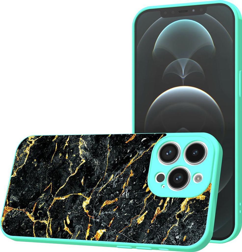 Smartphonica Handyhülle Geeignet für iPhone 12 Pro Max mit Schwarz-Gold-Marmor-Druck - TPU Back Cover Case Schwarz-Gold-Marmor Design - Türkis