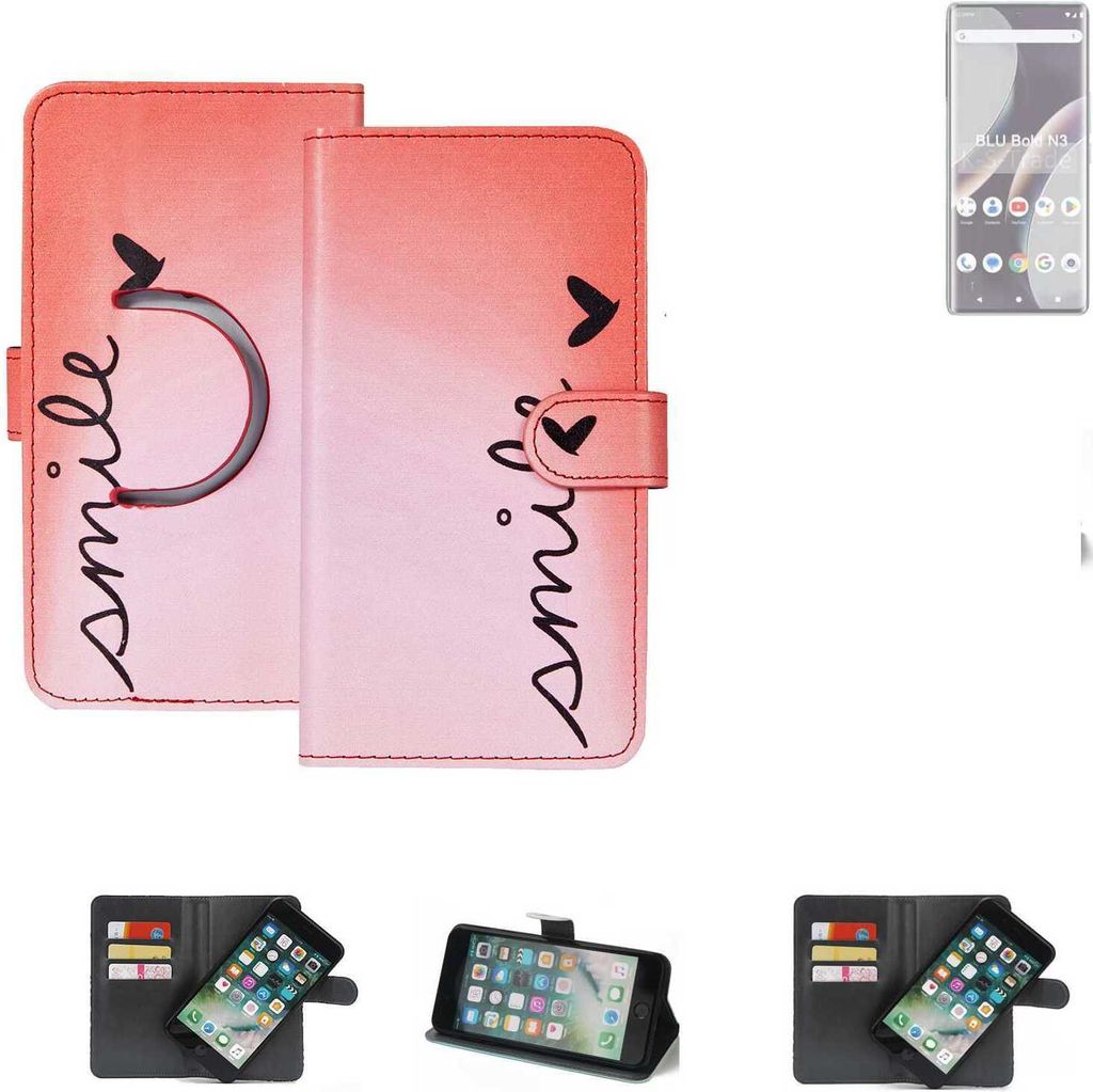 K-S-Trade Schutzhülle Handyhülle kompatibel mit BLU Bold N3 Hülle cover bookstyle Etui ''smile'' rot Standfunktion Kameraschutz (1Stk)