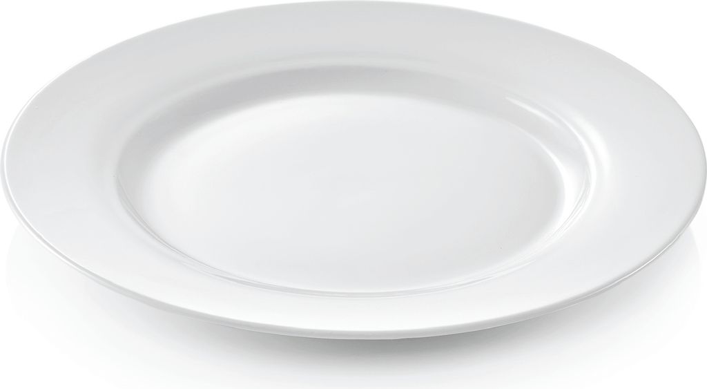 A single white plate on a white background.