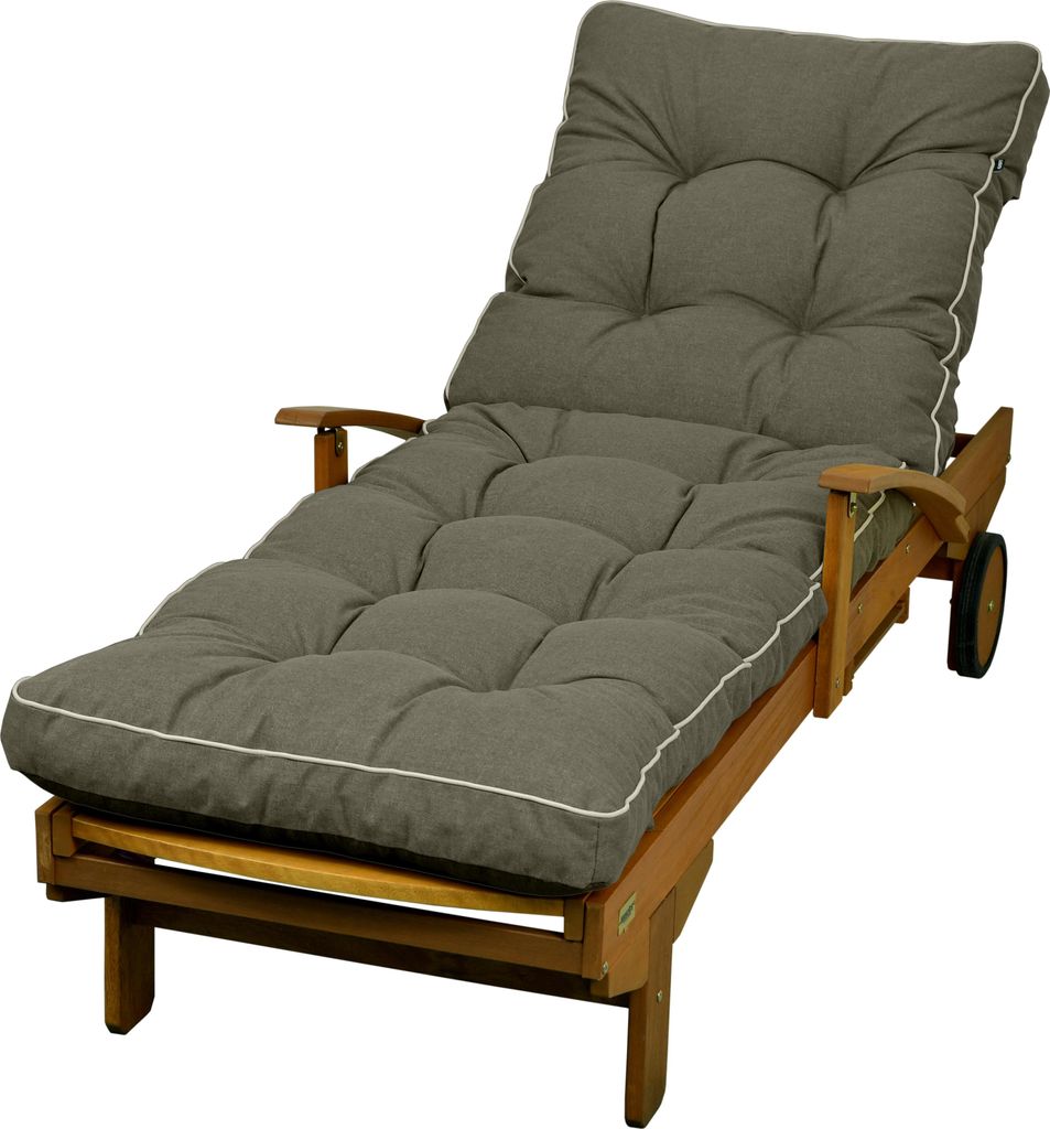 A grey cushioned wooden chaise lounge on a white background.