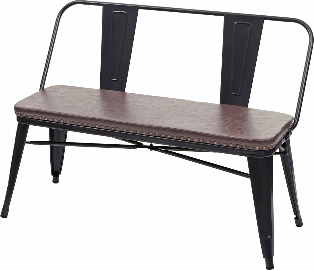 A black metal bench with a brown faux leather seat and backrests, shown against a white background.
