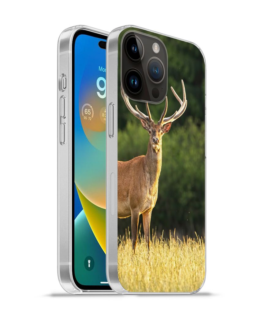 MuchoWow Handyhülle Schutzhülle Hülle für Apple iPhone 14 Pro Max Hirsch - Geweih - Gras - Natur - Tiere - Grün Silikon Softcase Handy Hüll...