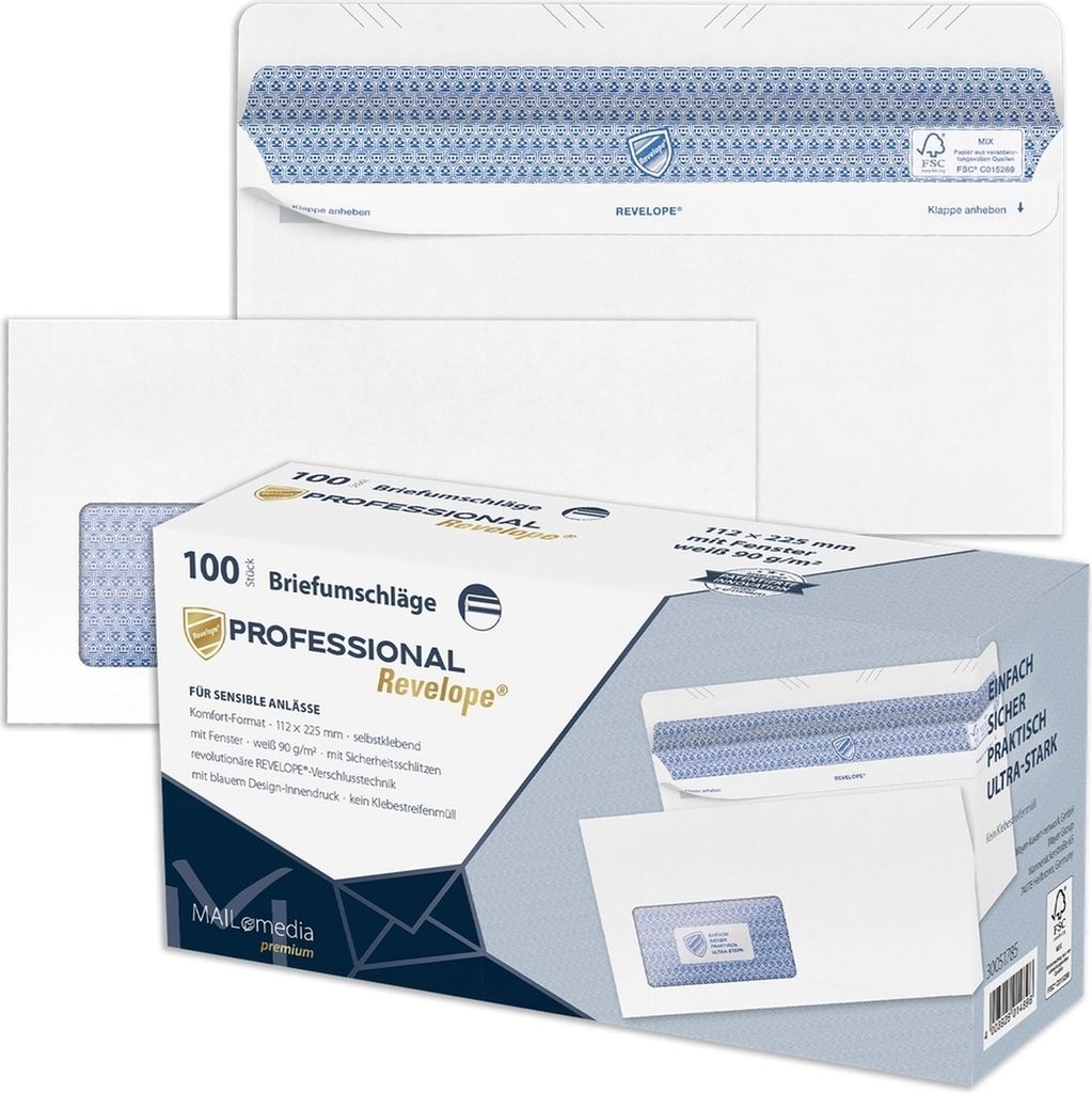Briefumschläge Revelope DINlang 90g/qm haftklebend mit Fenster weiß VE=10x100 Stück