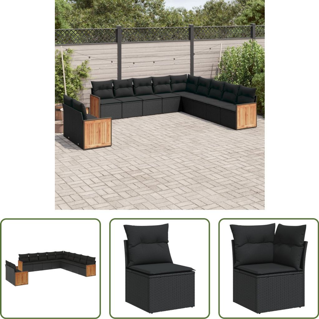 The Living Store 11-tlg. Garten-Sofagarnitur mit Kissen Schwarz Poly Rattan