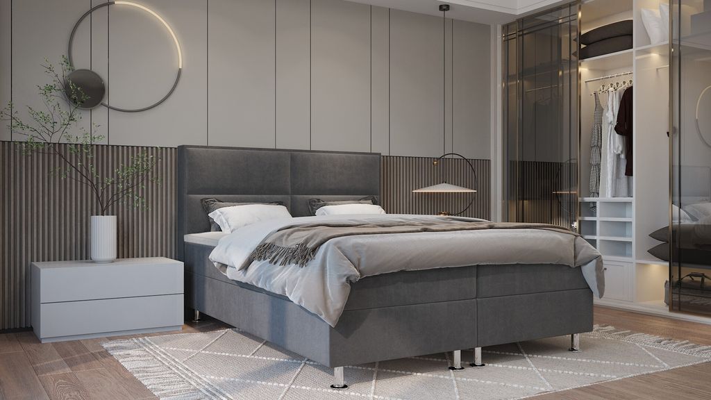 SALES LEADER Boxspringbett BOGOTA 120x200 cm Polsterbett mit zwei Bettkästen, Komplett-Set mit Matratze und Topper (4cm), Grau, Bett Stoff ELEMENT 22