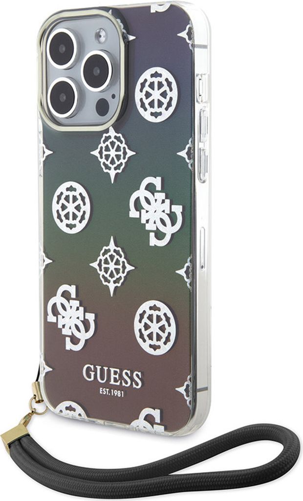 Guess iPhone 15 Pro Back cover case - Iridescent - Glitter pattern peony - cordstrap - Black