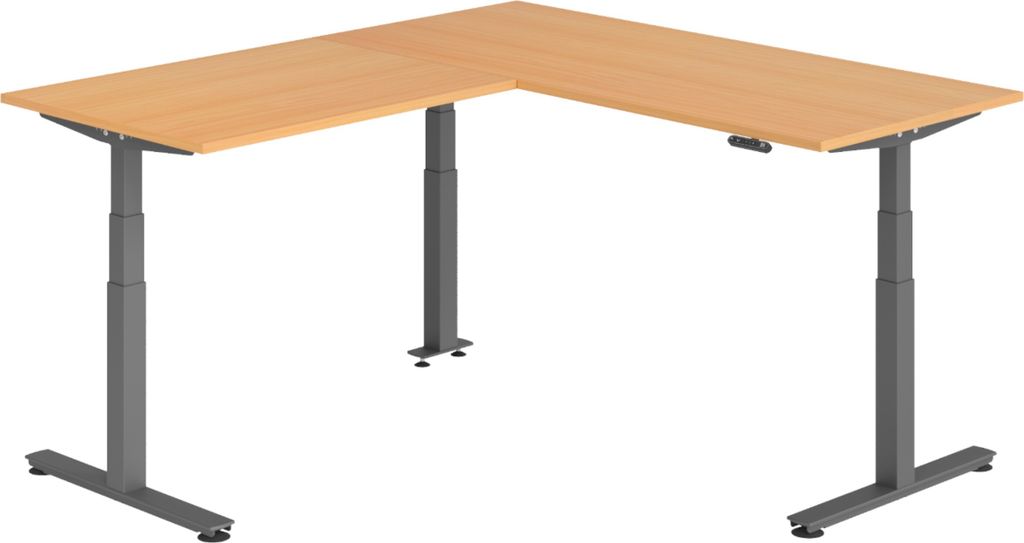 bümö Eckschreibtisch elektrisch höhenverstellbar L-Form - Nachbildung: Buche, Gestell: Graphit, Größe: Eckschreibtisch 180 x 200 cm