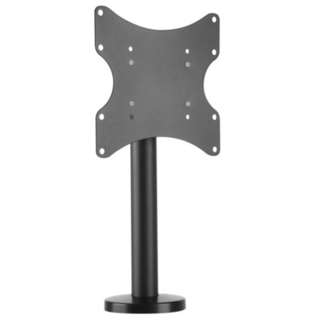 A black desk mount for a monitor or TV, shown against a white background.