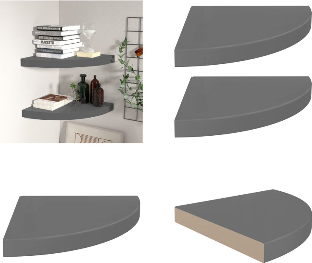 vidaXL Eck Schweberegale 2 Stk. Hochglanz Grau 35x35x3,8 cm MDF - Wandregal - Wandregale - Schwebendes Wandregal - Wandregal Schwebend
