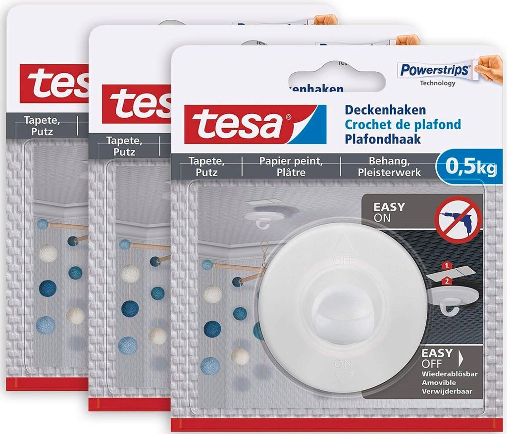tesa Deckenhaken (3 Stck.) weiß - selbstklebend ohne Bohren Produktbild 