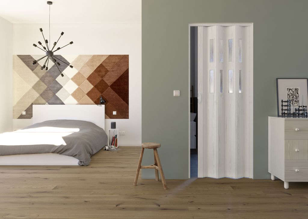 Forte Kunststoff Falttür Luciana Schiebetür Nischentür B 88,5x H 202 cm Eiche weiß 3D 2 Fenster