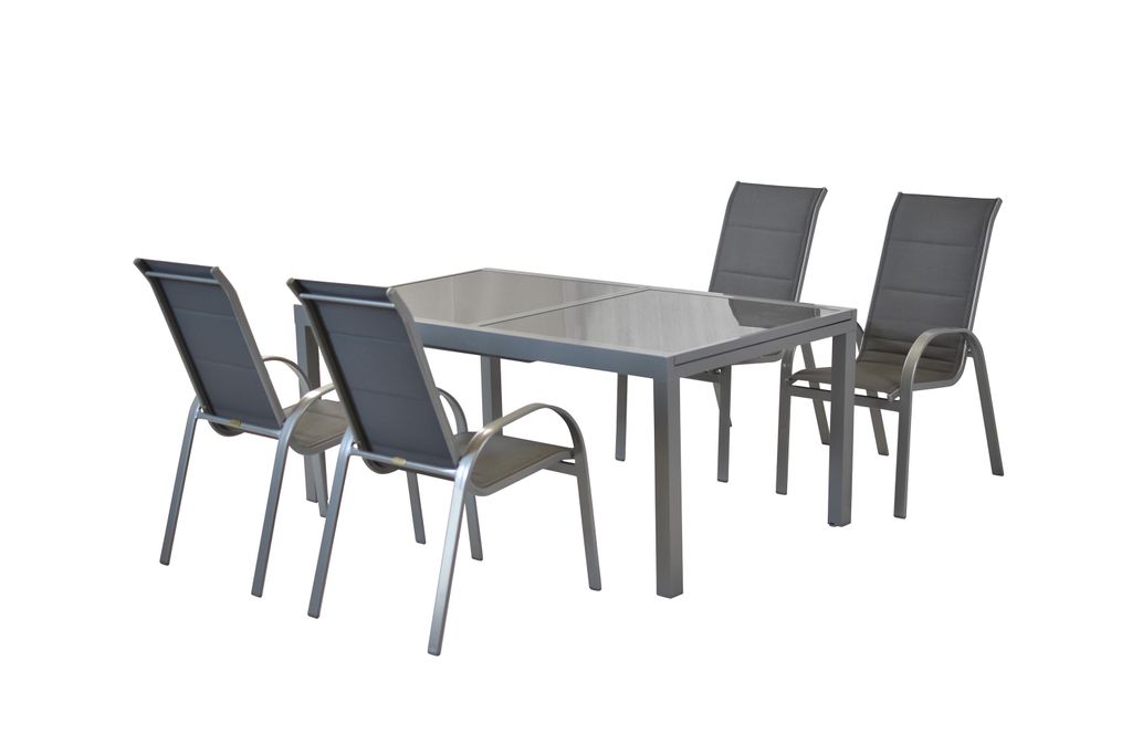 Merxx Gartenmöbel Set Amalfi 5tlg., 4 Stapelsessel, Ausziehtisch 140 (200) x 90 cm, grau