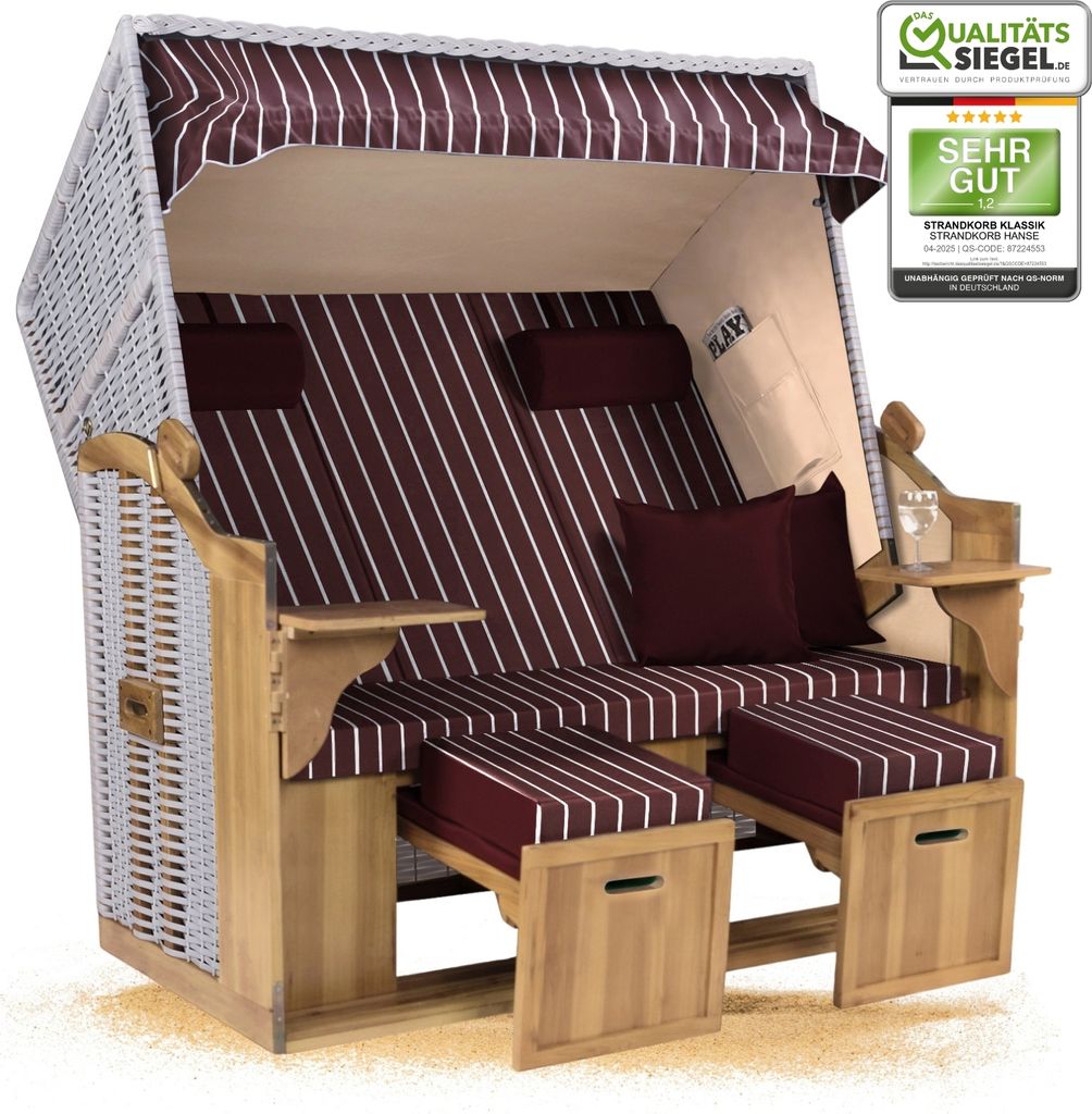 Strandkorb Ostsee 2,5-Sitzer 150cm breit in Beige Rot Weiß Nadelstreifen Montiert ideal für Balkon, Terrasse oder Garten