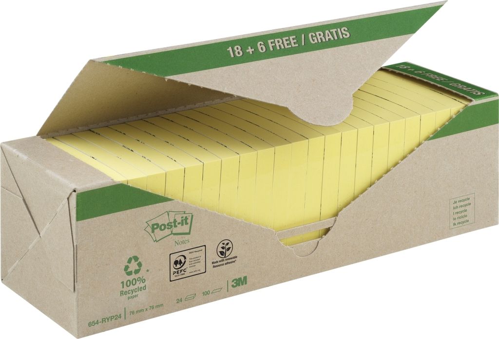 Post-it-MemoBlok 3M Post-It 654 76x76mm Recycle Geel 18+6 | Box A 24 Stück | 6 Stück