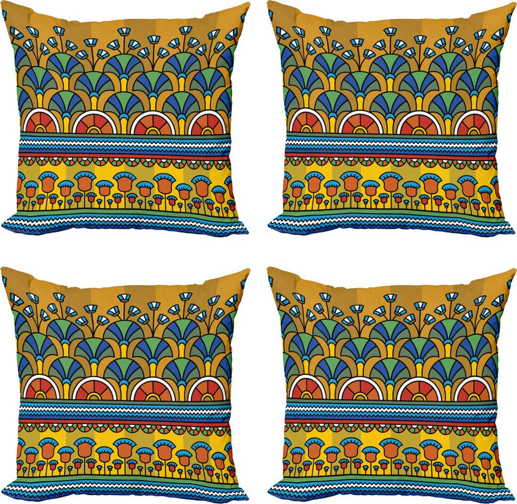 ABAKUHAUS ägyptisch Kissenbezug Set (4 Stück), Bunte Ornament, Moderner Doppelseitiger Digitaldruck, 45 cm x 45 cm, Dunkelgelb Multicolor