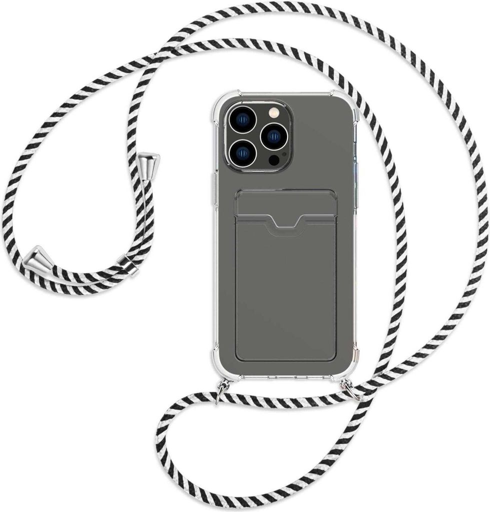 Handykette Backcover-Schutzhülle mit Band (Metall silberfarben) für Apple iPhone 14 Pro Max (6.7'') - schwarz/weiß gestreift