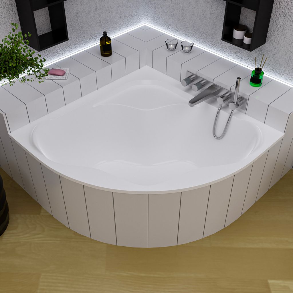 ECOLAM Badewanne Eckbadewanne SELMA 140 x 140 cm + Styropor Wannenträger Eckwanne Acrylwanne Füße Ablaufgarnitur Viega GRATIS