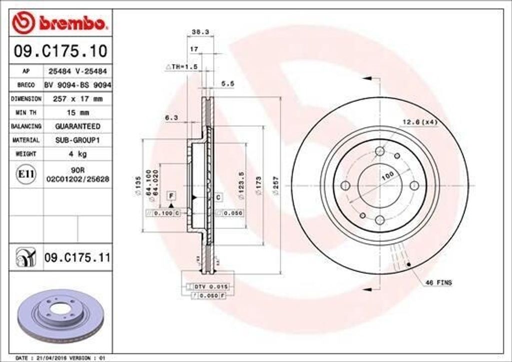BREMBO 09.C175.11 - OE 1612090780 Bremsscheibe für C-Zero, iOn