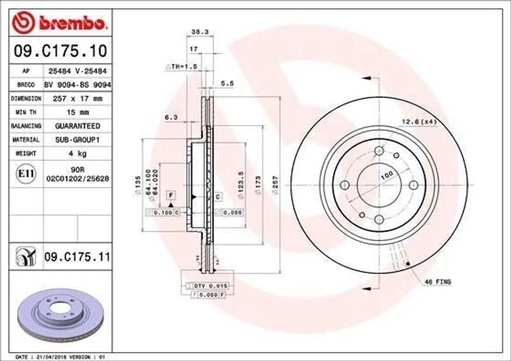 Disque de frein Brembo 09.C175.11 pour Citroën C-Zero et Peugeot iOn