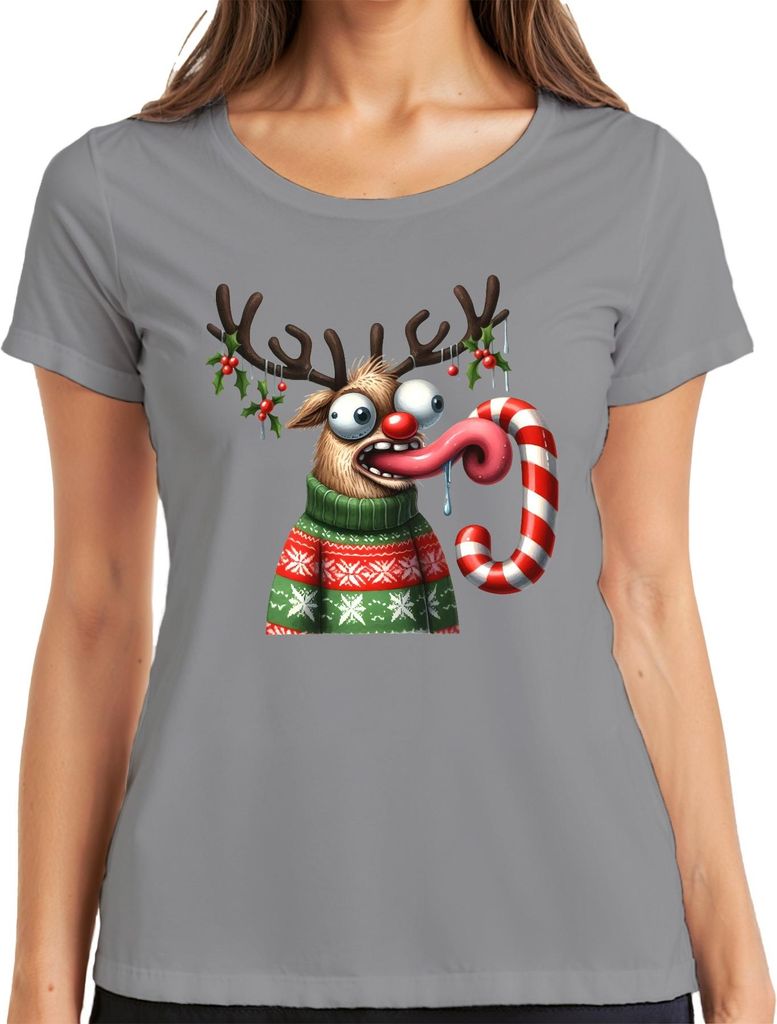 Weihnachten Verrücktes Rentier Zuckerstange lustig Cartoon Damen T-Shirt, Grau, L