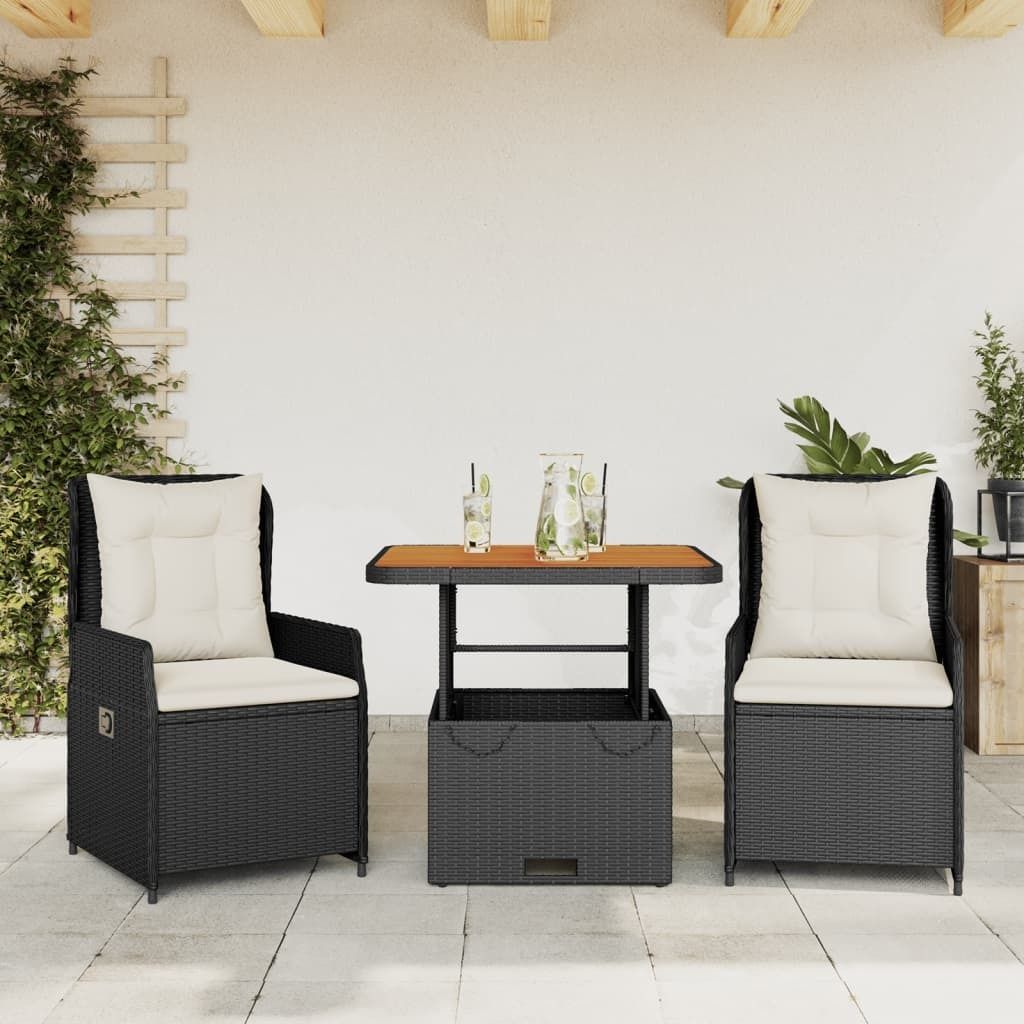 "Rabatt" 3-tlg. Bistro-Set - mit tishe & Stuhl - mit Kissen Schwarz Poly Rattan - Lounge-Dining set CC10268