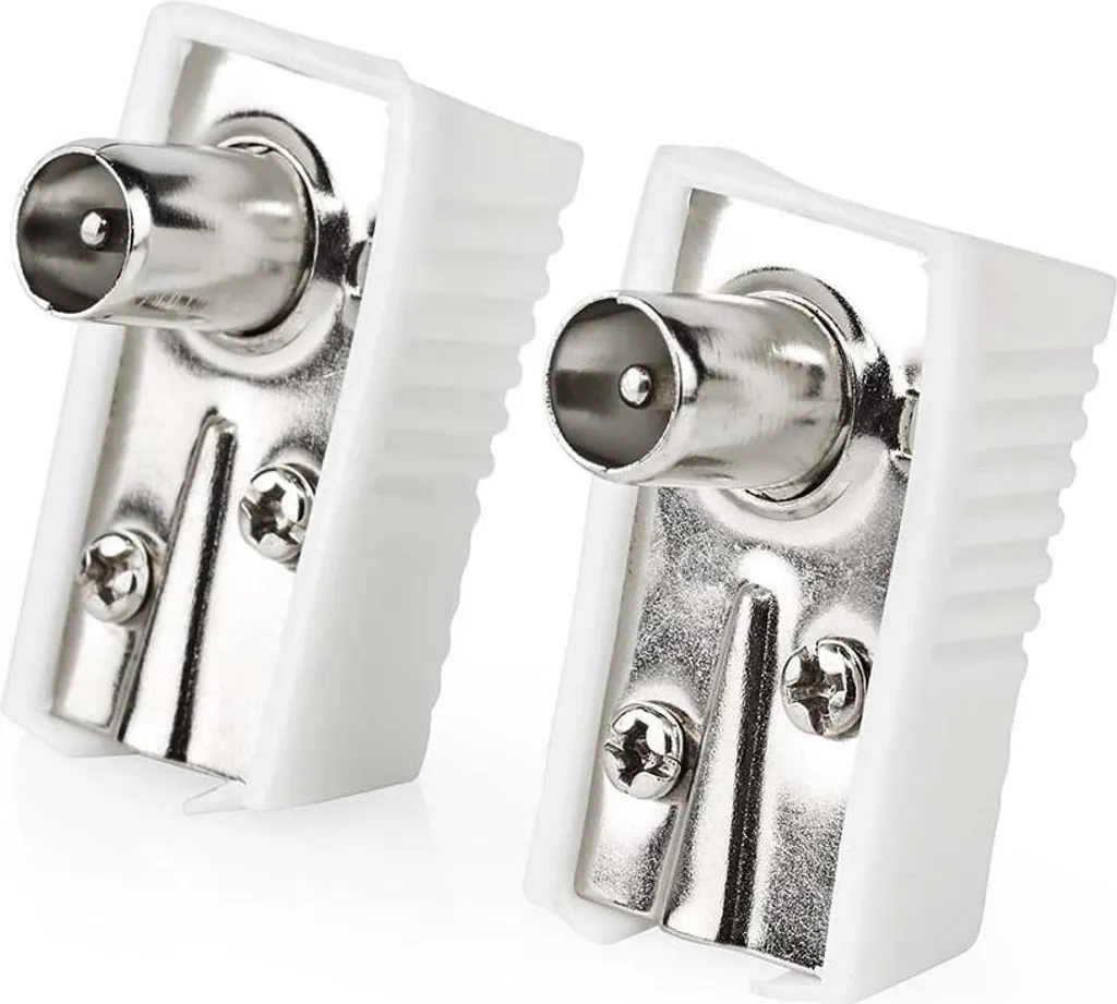 IEC (coassiale) | Angolato | Maschio | Nichelato | 75 Ohm | Vite | Diametro ingresso cavo: 7,0 mm | Metallo / PVC | Bianco | 2 pz. | Scatola