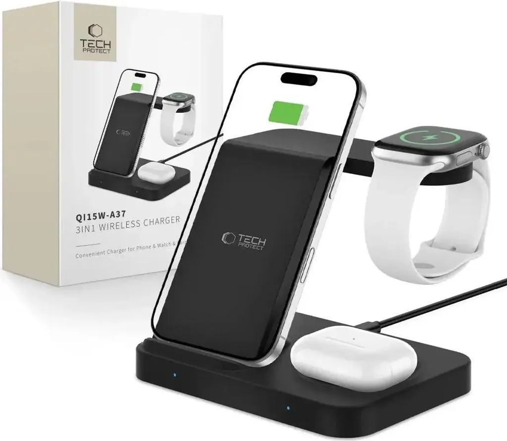 Caricatore Wireless 3 in 1 Tech-Protect A37 QI15W Nero - Offerta Shop